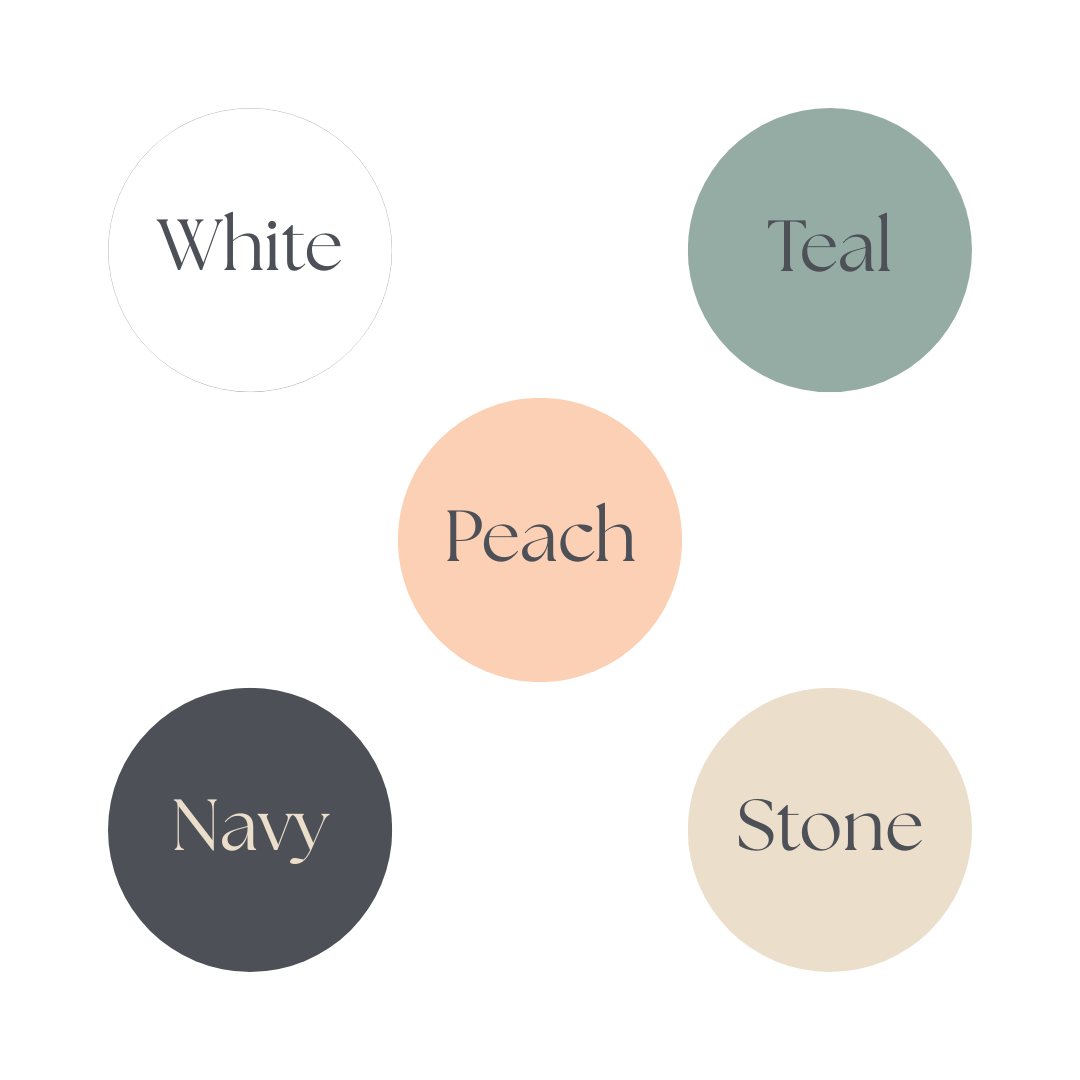 Five color swatches labeled 'White', 'Teal', 'Peach', 'Navy', and 'Stone' on a white background.