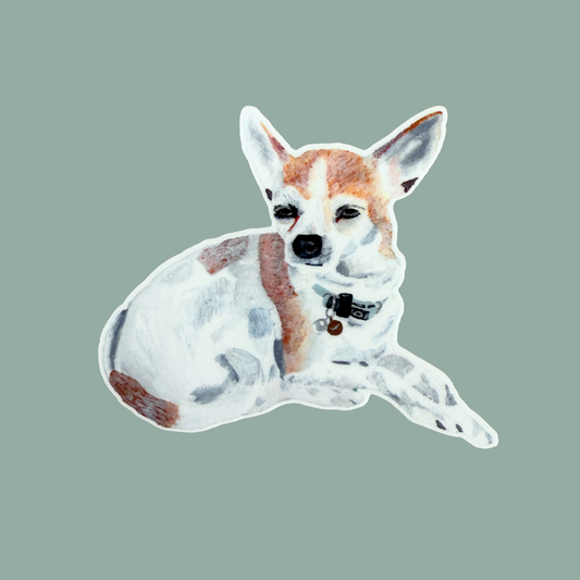Die-cut sticker featuring a painting of a chihuahua