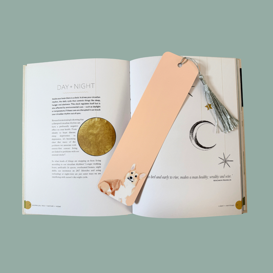 Open book with a bookmark featuring a corgi painting on a teal background