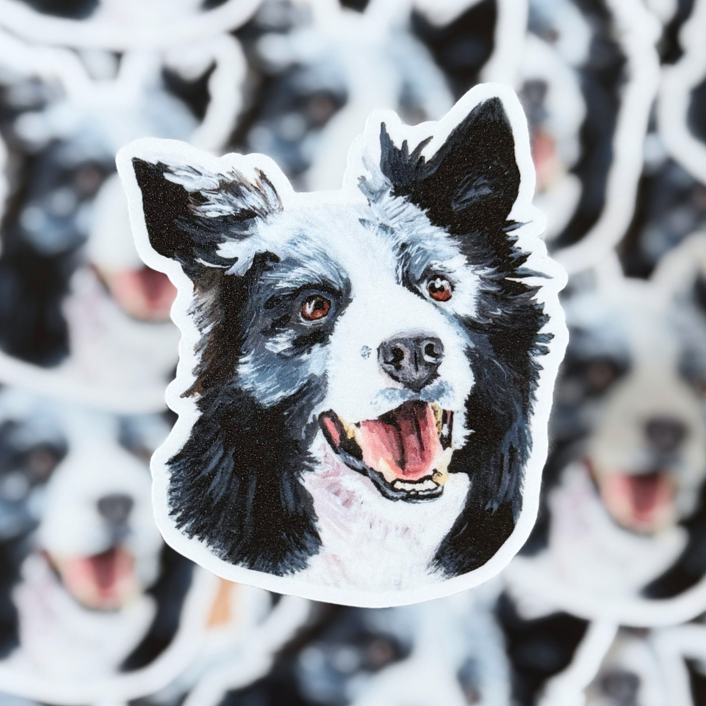 Sticker of a border collie with a blurred background of similar dog stickers
